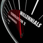 Millennials, Generation X and Boomers words on a speedometer to illustrate the different demographics and ages of generational groups
