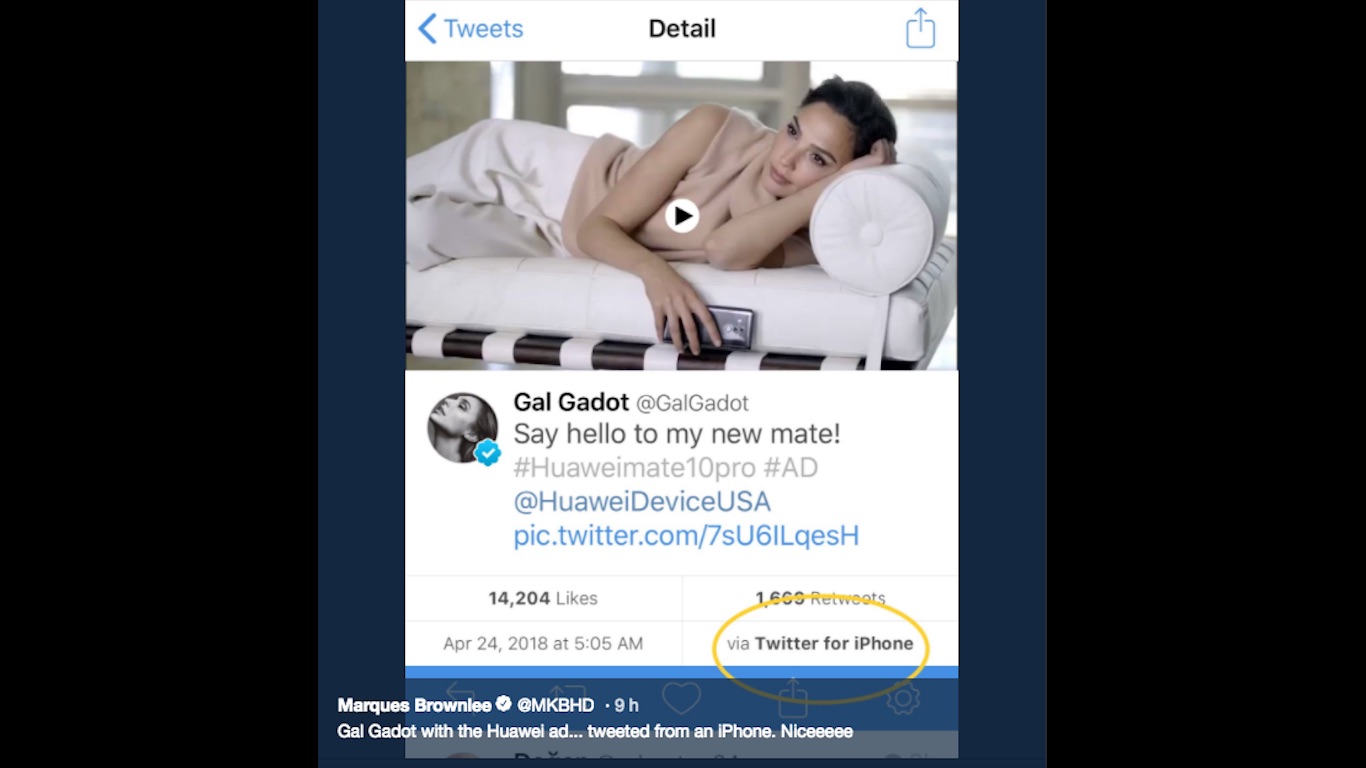 Gal Gadot Promueve La Marca Huawei Pero Desde Un Iphone