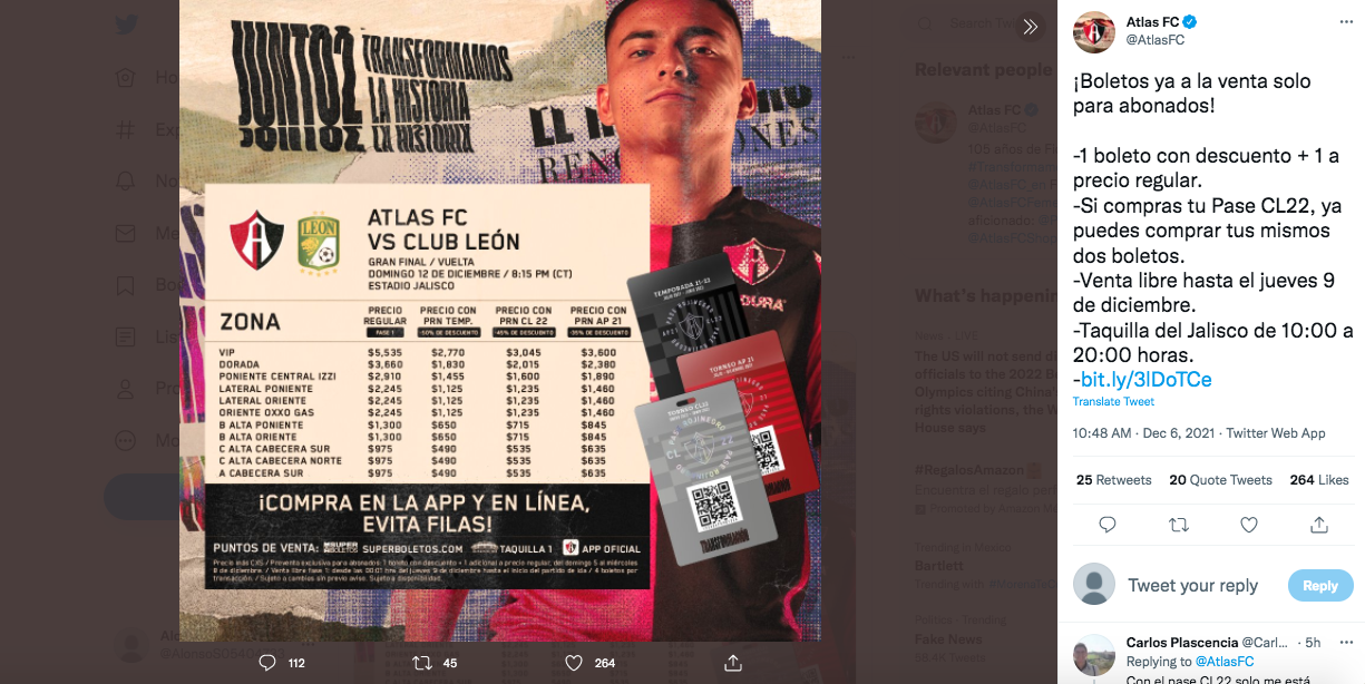 Tickets to see the Atlas in the final will cost up to 5,500 thousand pesos