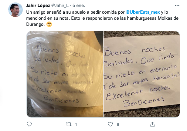 Teach your grandpa to use Uber Eats; restaurant replied with a note