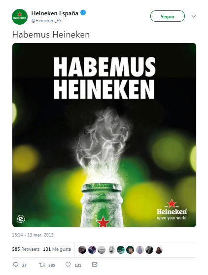 Heineken España, aprovechando el humo blanco de la elección del Papa Francisco