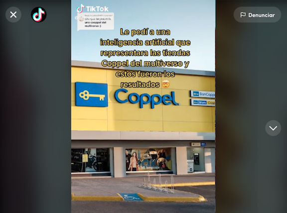Pokazuje sklepy Coppel dla wieloświata, stworzone za pomocą sztucznej inteligencji