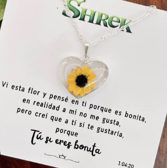 Shrek Heart Charm You Are Pretty Sunflower Necklace in Silver