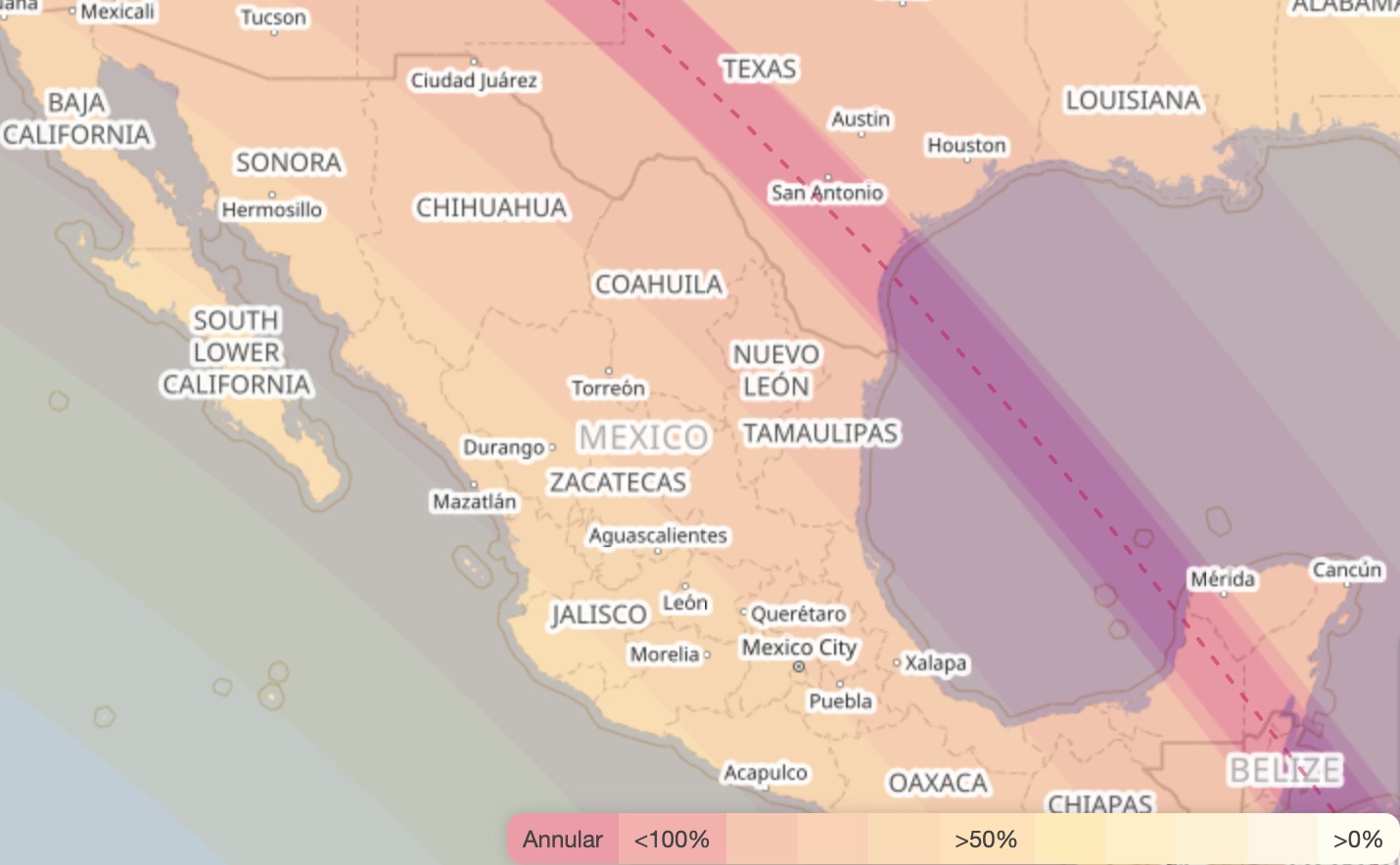 Mapa. ¿En qué estados se verá el eclipse solar del 14 de octubre