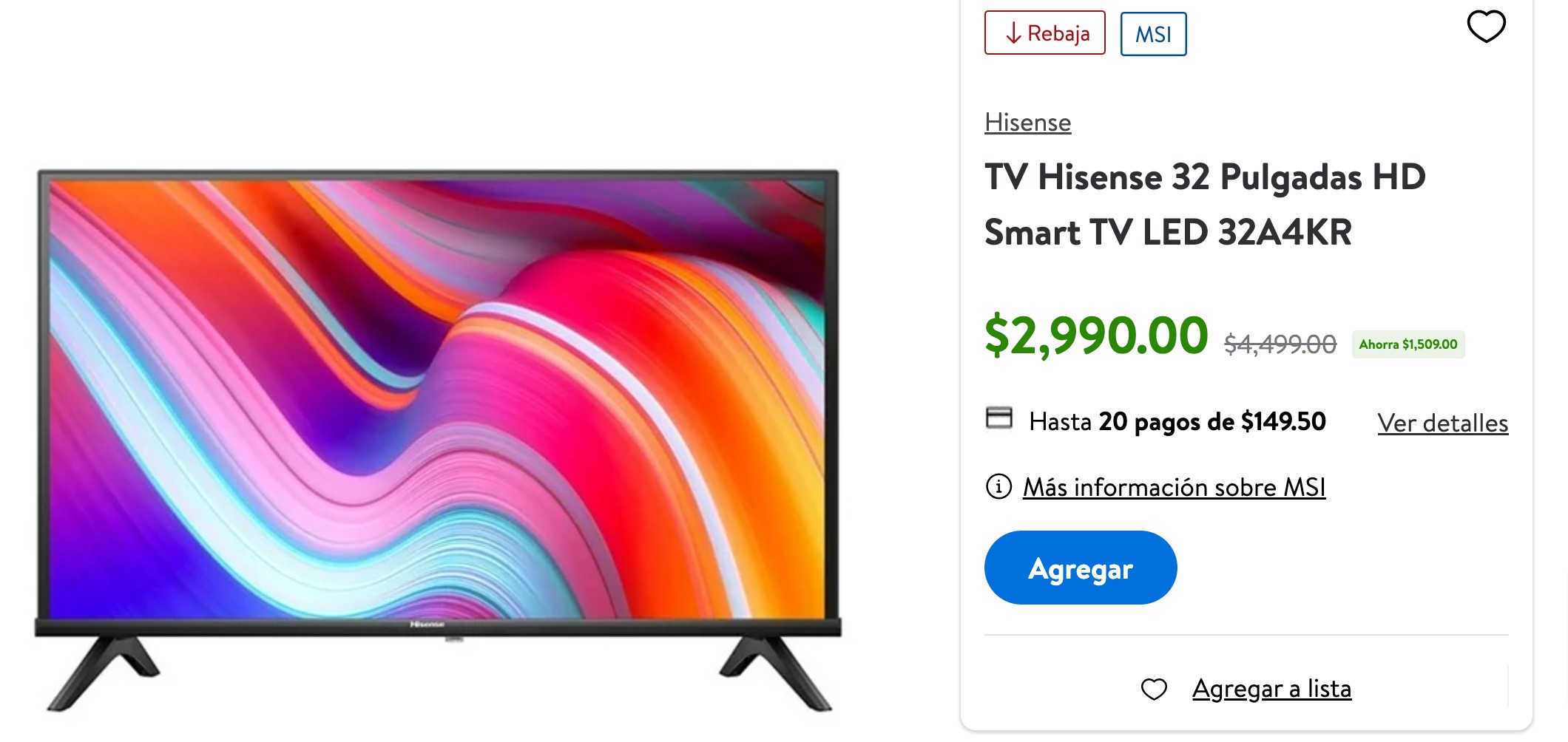 Pantalla Hisense de 32 pulgadas, una smart TV a 150 pesos al mes