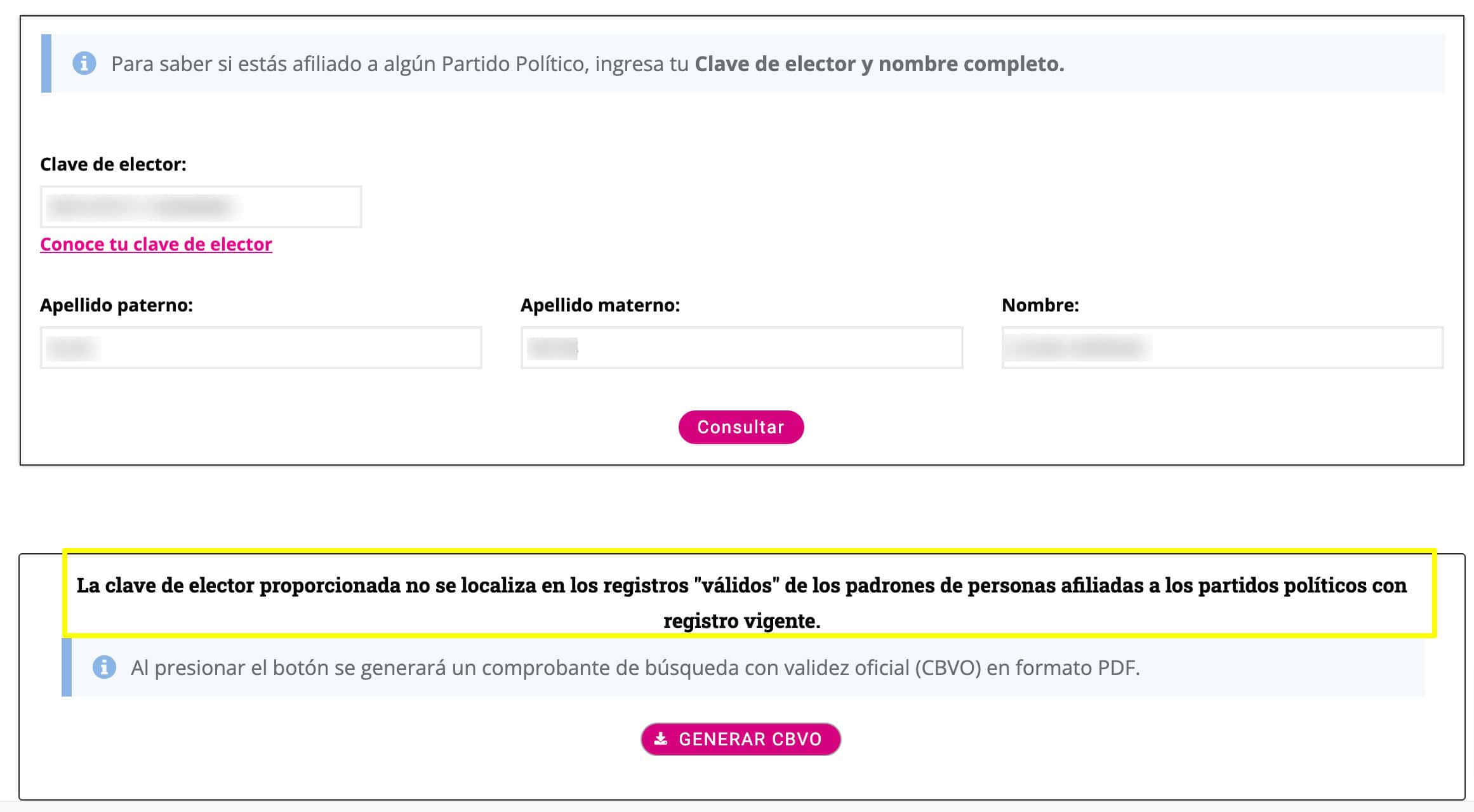 Una vez que realizas la consulta en el INE, se generará un mensaje como este, en caso de que no te encuentres afiliado a un partido político