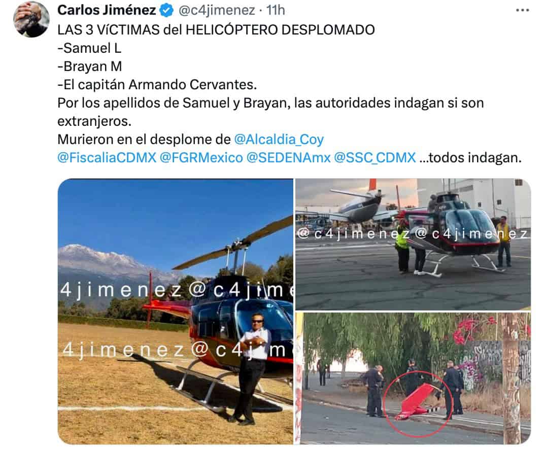 LAS 3 VíCTIMAS del HELICÓPTERO DESPLOMADO-Samuel L -Brayan M -El capitán Armando Cervantes. Por los apellidos de Samuel y Brayan, las autoridades indagan si son extranjeros. Murieron en el desplome de @Alcaldia_Coy @FiscaliaCDMX @FGRMexico @SEDENAmx @SSC_CDMX …todos indagan.