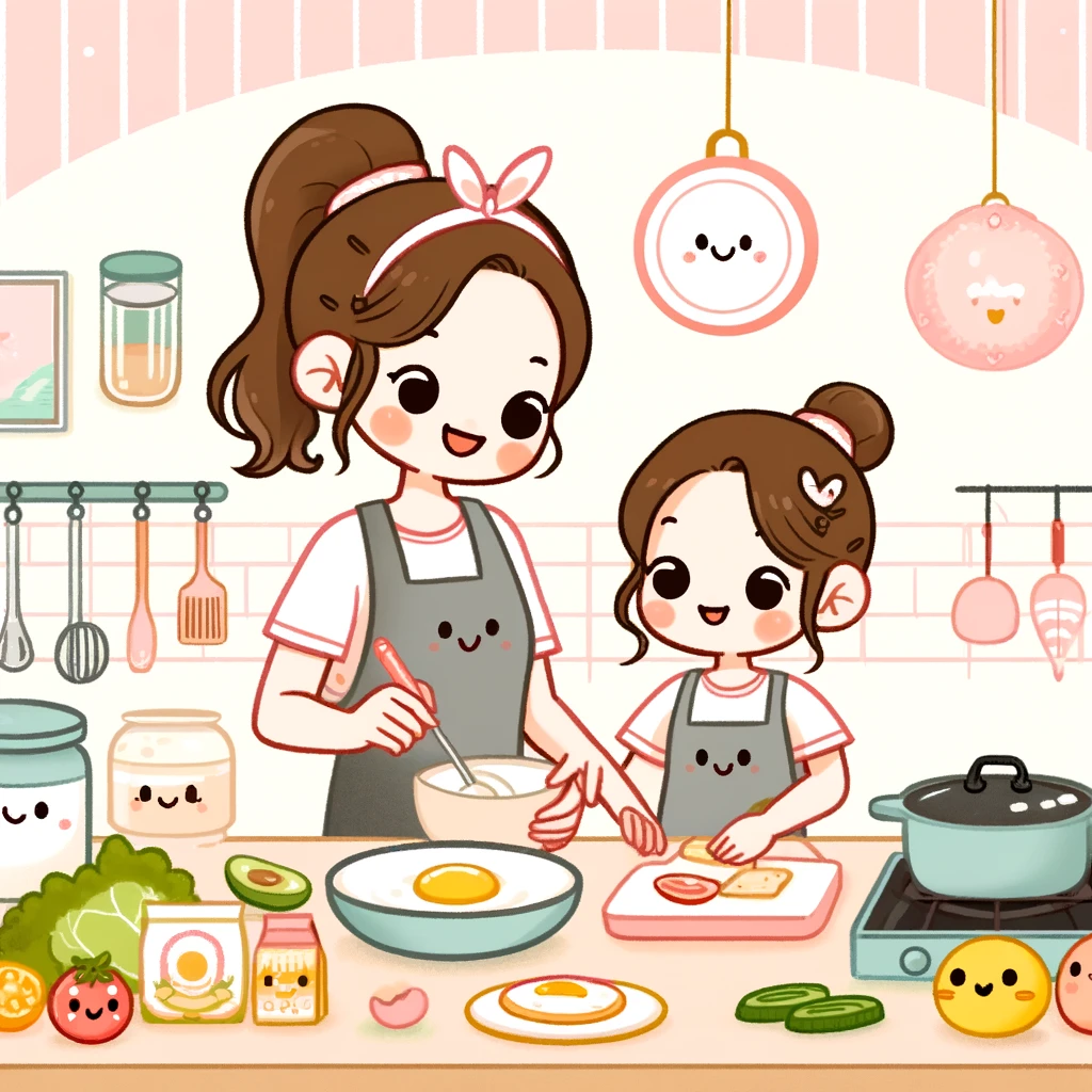 Estilo Kawaii: "Una madre y su hija cocinando juntas en una cocina llena de utensilios con caritas felices, en un entorno lleno de colores pastel, comida adorable y personajes tiernos."