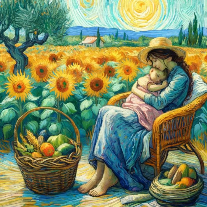 Estilo Van Gogh: "Una madre acunando a su hijo en una silla de mimbre, rodeada de un campo de girasoles y olivos, con pinceladas gruesas y colores vibrantes al estilo de Van Gogh."