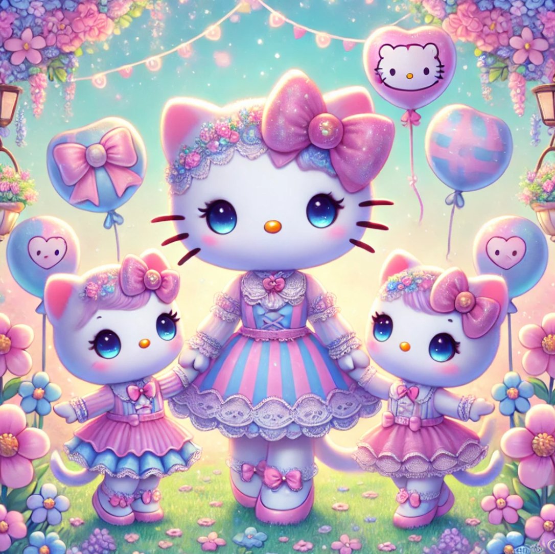 Hello Kitty dressed as a mom holding hands with her kitten twins in a magical garden filled with bows and pastel balloons.