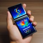 Competidora muestra el celular Samsung que le dieron en las Olimpiadas