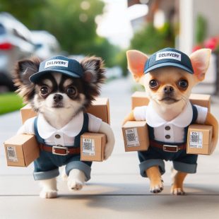 Captan a curiosos perros chihuahuas repartidores de Didi Food y Uber eats