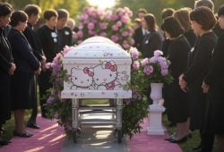 Lanzan paquete funerario de Hello Kitty, incluye ramo y velas temáticas