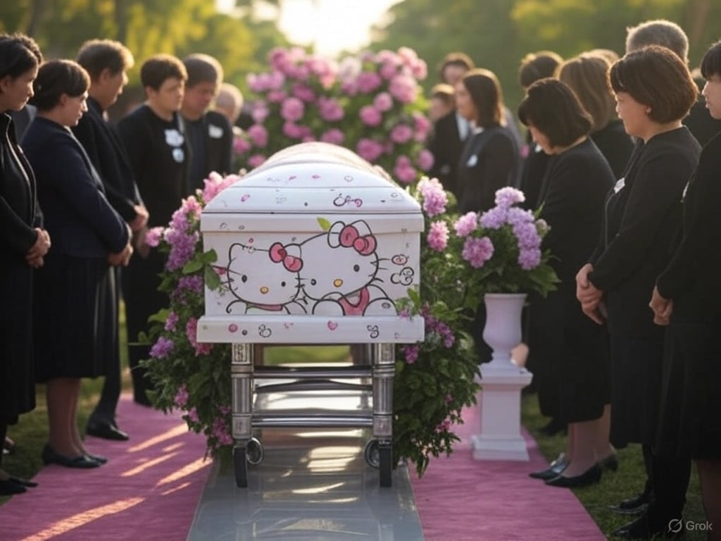 Lanzan paquete funerario de Hello Kitty, incluye ramo y velas temáticas