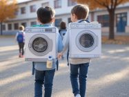 Niños cargan mochilas "locas" de lavadoras y demuestran fidelidad a marcas de jabón