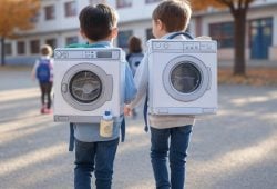 Niños cargan mochilas "locas" de lavadoras y demuestran fidelidad a marcas de jabón
